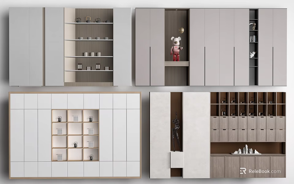 Modern Bookcase Designs With Open Shelves Closed Cabinets And Storage Compartments 3d model 