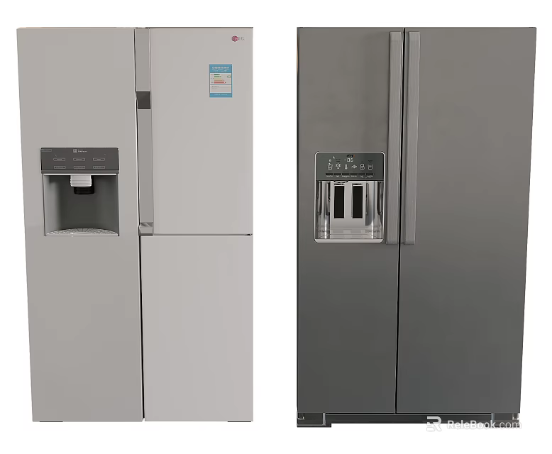 Modern White and Silver Double Door Refrigerator Freezer with Water Dispenser and Ice Maker 3d model 