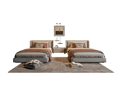Modern Single Beds With Nightstand And Decor 3d model