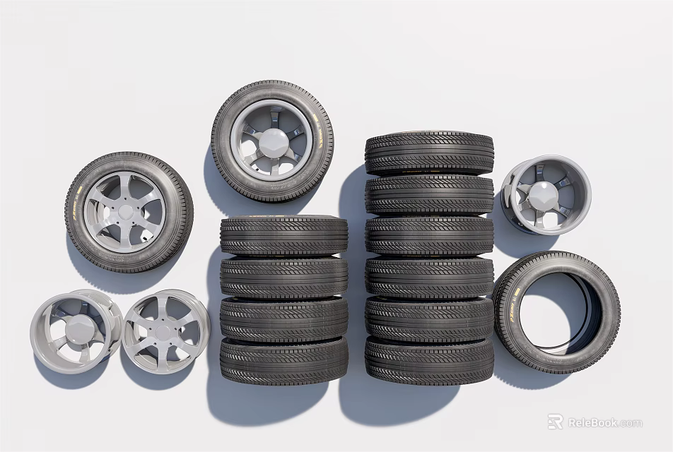 Stacked Car Tires And Wheel Rims Display On White Background 3d model 