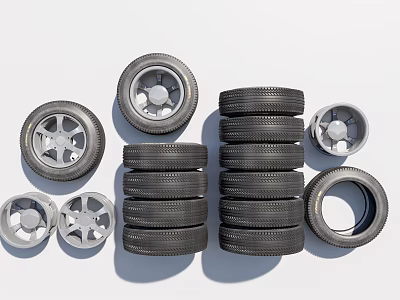 Stacked Car Tires And Wheel Rims Display On White Background 3d model