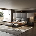 Modern Double Bed With Vertical Striped Headboard Nightstands And Scenic View