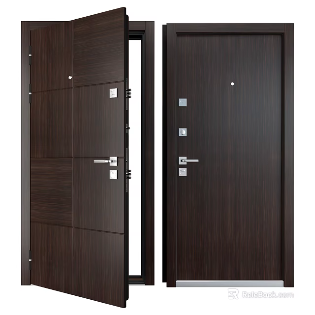 Modern Dark Brown Wooden Hinged Door With Sleek Surface And Metal Handle 3d model 