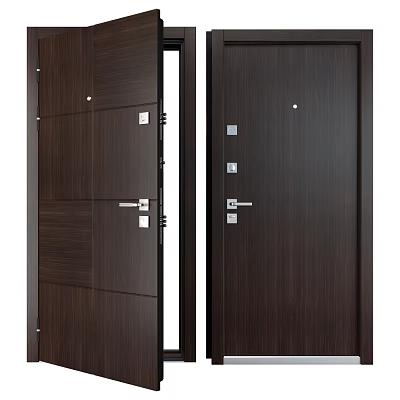 Modern Dark Brown Wooden Hinged Door With Sleek Surface And Metal Handle 3d model