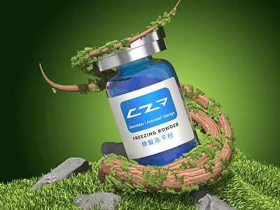 Intimate Series Cosmetic Serum In Blue Bottle With Twisted Vines On Green Grass And Stones 3d model