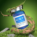 Intimate Series Cosmetic Serum In Blue Bottle With Twisted Vines On Green Grass And Stones