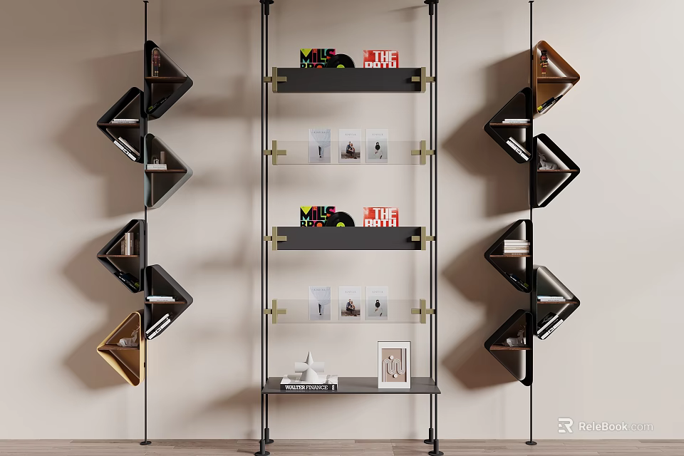 Modern Geometric Shelving Unit With Glass Shelves And Metal Frame For Home Decor 3d model 
