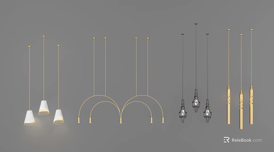 Various Modern And Vintage Chandeliers With Golden Black Designs And Arched Structures 3d model 