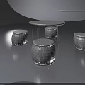 Gray Round Table With Metal Frame And Three Woven Stools Set 3d model