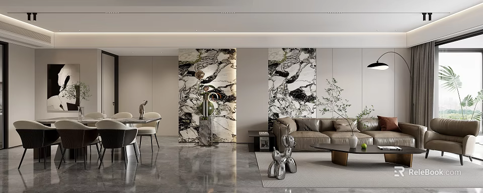 Modern Living and Dining Room Interior Design With Sofa Dining Set And Marble Decor Wall 3d model 