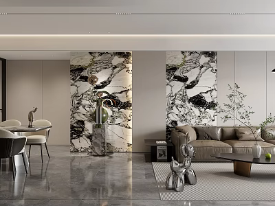 Modern Living and Dining Room Interior Design With Sofa Dining Set And Marble Decor Wall 3d model