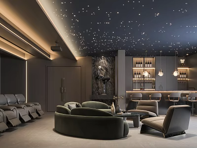Luxurious Home Theater Room Interior With Starry Ceiling Plush Sofa Armchairs And Ambient Lighting 3d model