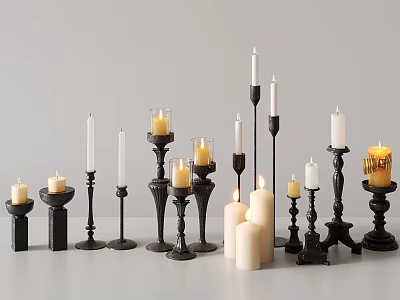 Decorative Candle Lamps With Various Black Holders And White Lit Unlit Candles 3d model