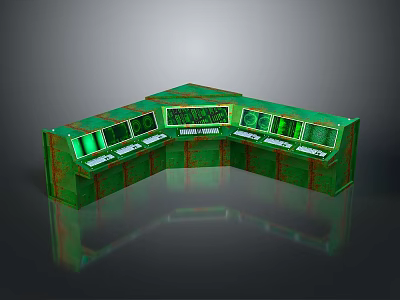 Green L shaped Control Console with Multiple Displays Cabinets and Reflective Surface 3d model
