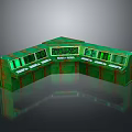 Green L shaped Control Console with Multiple Displays Cabinets and Reflective Surface