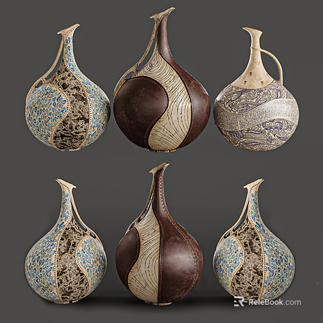 Exquisite Ceramic Vessels Featuring Intricate Artistic Patterns And Diverse Decorative Styles 3d model
