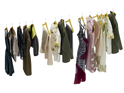 Stylish Clothes Hanging on Hangers with Various Styles and Colors 3d model