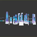 Futuristic Modern City Buildings 3D Model Featuring Blue Purple Lighting Effects