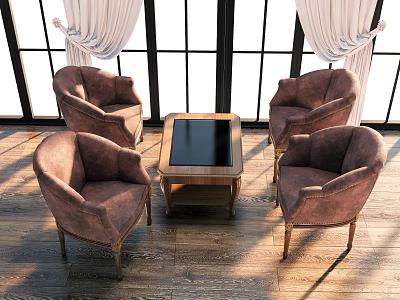 European Style Casual Sofa Combination Dining Table and Chair Sofa Chair Casual Chair Single Person Sofa Casual Sofa Dining Chair Coffee Table Side Table Curtain 3d model