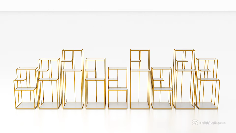 Gold Iron Art Decorative Display Shelves With Geometric Design Neatly Arranged Against White Background 3d model 