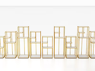 Gold Iron Art Decorative Display Shelves With Geometric Design Neatly Arranged Against White Background 3d model