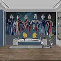 Kids Bed With Blue Cartoon Headboard Yellow Eyes Red Exclamation Mark And Ultraman Wallpaper