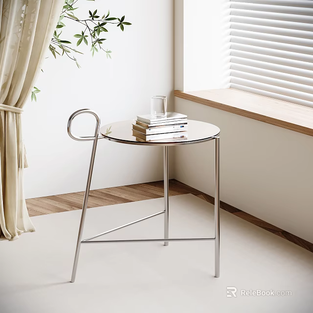 Modern Glass Top Side Table With Metal Frame And Stacked Books Near Window 3d model 