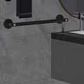 Black Bathroom Towel Rack With Gray Towel On Tiled Wall And Round Mirror