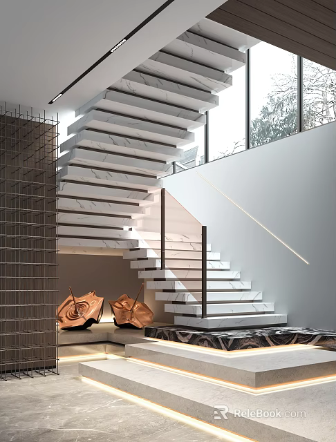 Modern Marble Staircase With Metal Railing And Large Window Near Green Plants 3d model 