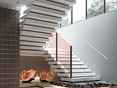 Modern Marble Staircase With Metal Railing And Large Window Near Green Plants 3d model