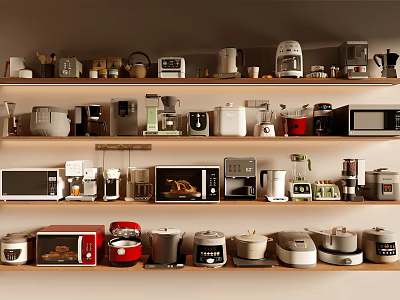 Organized Kitchen Shelves Displaying Various Small Appliances And Utensils 3d model