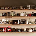 Organized Kitchen Shelves Displaying Various Small Appliances And Utensils 3d model