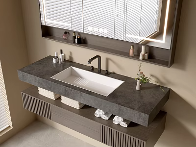 Sleek Modern Bathroom Vanity With Stone Countertop White Sink And Storage Drawers 3d model