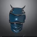 Futuristic Blue Helmet With Silver Edges Horn Like Projections And Glossy Surface