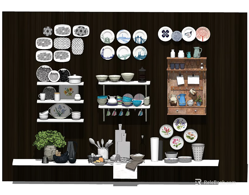 Modern Dinnerware Collection With Various Pattern Plates Bowls Mugs And Kitchen Shelf 3d model