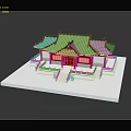 Cartoon Style Traditional Chinese Red Building With Green Roof On White Platform