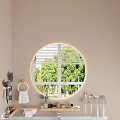 Modern Bathroom Set With Round Backlit Mirror Wooden Shelves Hair Dryer And Toiletries