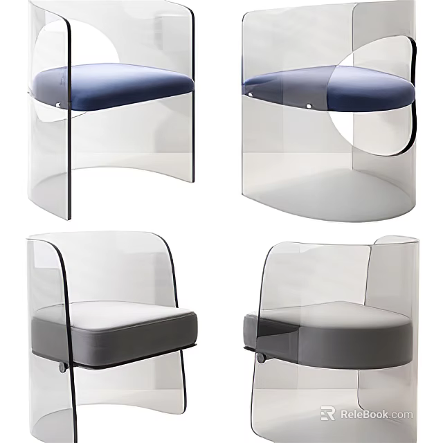 Modern Transparent Acrylic Frame Accent Chair With Padded Blue And Gray Seat 3d model 