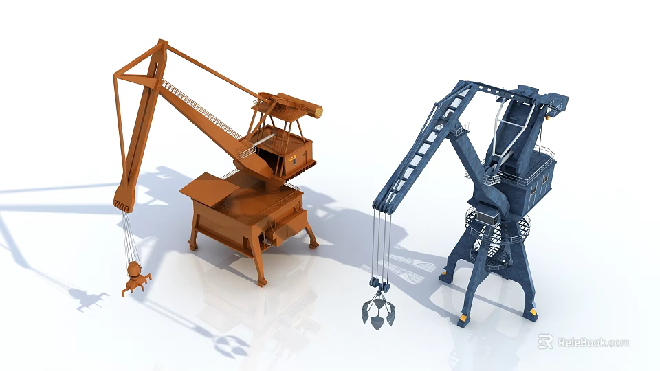Two Industrial Cranes Orange And Blue With Mechanical Arms And Lifting Hooks 3d model 