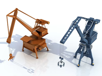 Two Industrial Cranes Orange And Blue With Mechanical Arms And Lifting Hooks 3d model