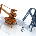 Two Industrial Cranes Orange And Blue With Mechanical Arms And Lifting Hooks