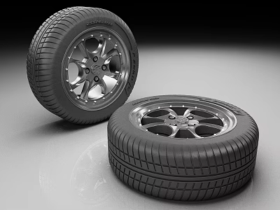 Car Tire And Alloy Wheel Design With Tread Pattern And Shiny Rims 3d model