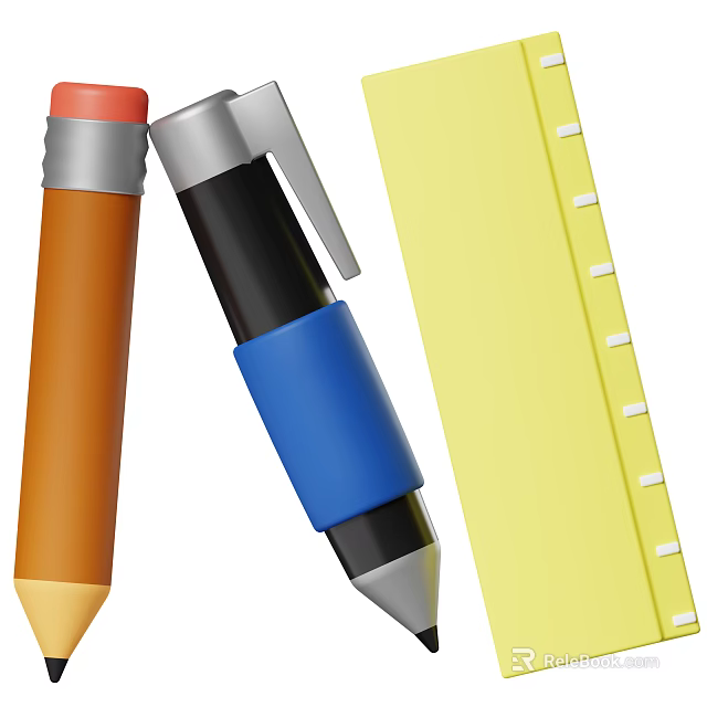 Colorful Writing Pens In Various Colors With Yellow Ruler And Metal Clips 3d model 