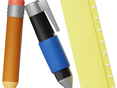 Colorful Writing Pens In Various Colors With Yellow Ruler And Metal Clips 3d model
