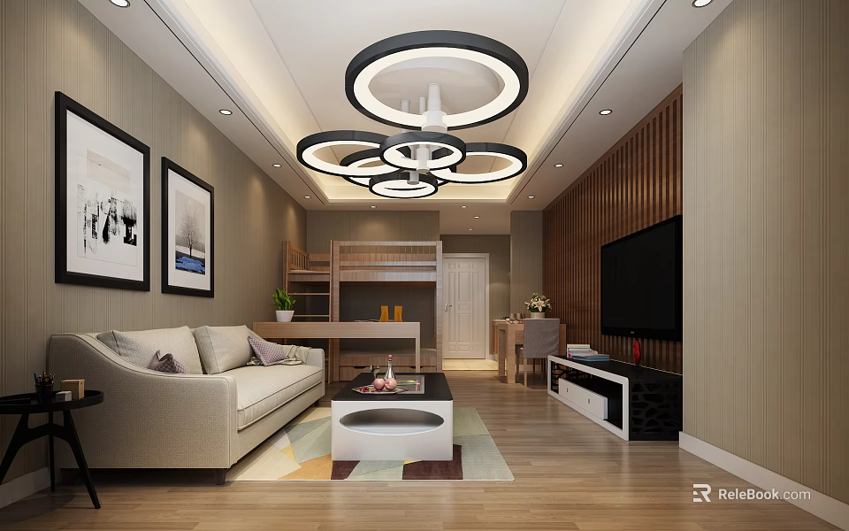 Modern Living Room Interior With Beige Sofa Coffee Table Circular Pendant Lights And TV Stand 3d model 