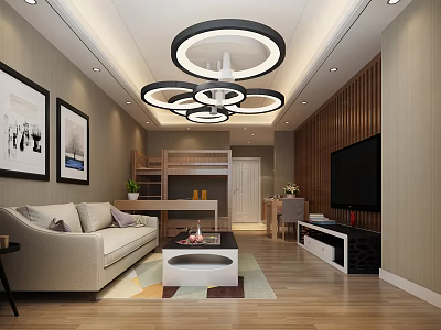 Modern Living Room Interior With Beige Sofa Coffee Table Circular Pendant Lights And TV Stand 3d model