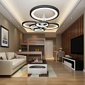 Modern Living Room Interior With Beige Sofa Coffee Table Circular Pendant Lights And TV Stand
