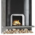 Modern Black Fireplace With Stone Surface Marble Accents And Burning Fire