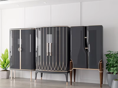 Modern Black Wine Cabinets With Glass Doors Gold Accents And Legged Design 3d model