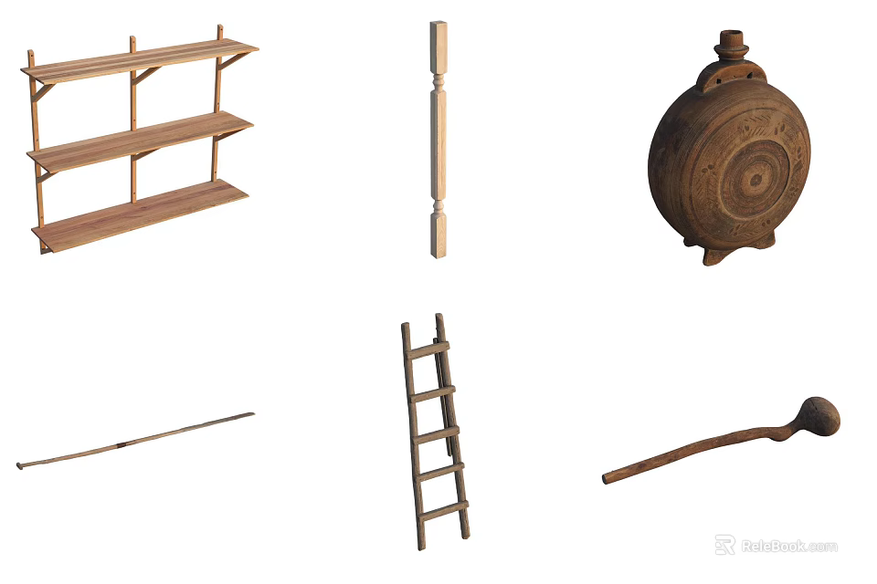 Stone and Wood Handmade Craft Pieces Including Shelf Post Container Ladder Spoon and Stick 3d model 